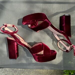 Red Suede J.Crew Chunk Platform Open Toe Heels